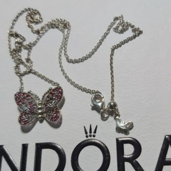 PANDORA *RETIRED* SS Dazzling Pink Butterfly Necklace w/ Pink and Clear Crystals - Picture 11 of 11